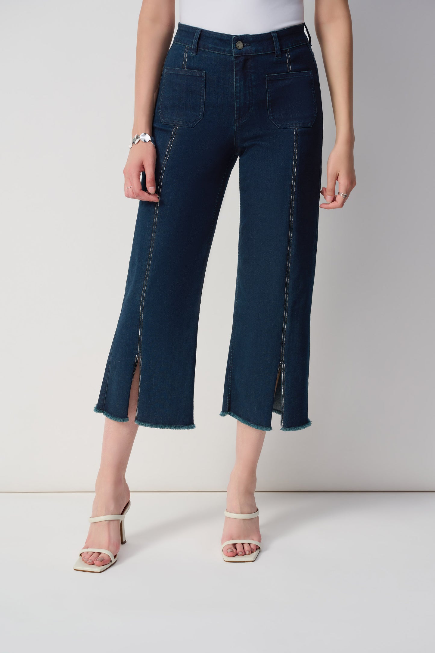 Dark Blue Culotte Jeans with Embellished Front Seam (241903S25)